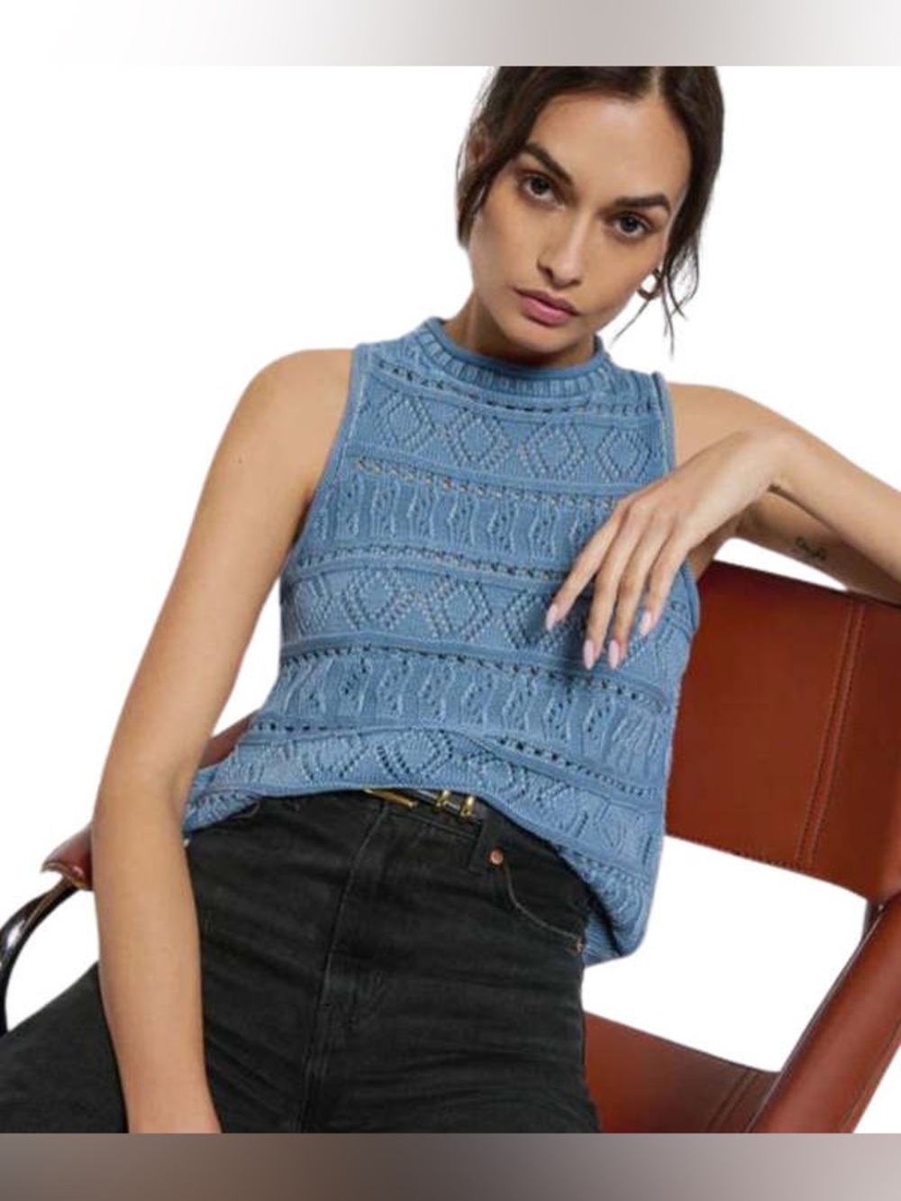 Nation LTD Lina Pointelle Sleeveless Sweater Vest Faded Denim Size M - Picture 2 of 10